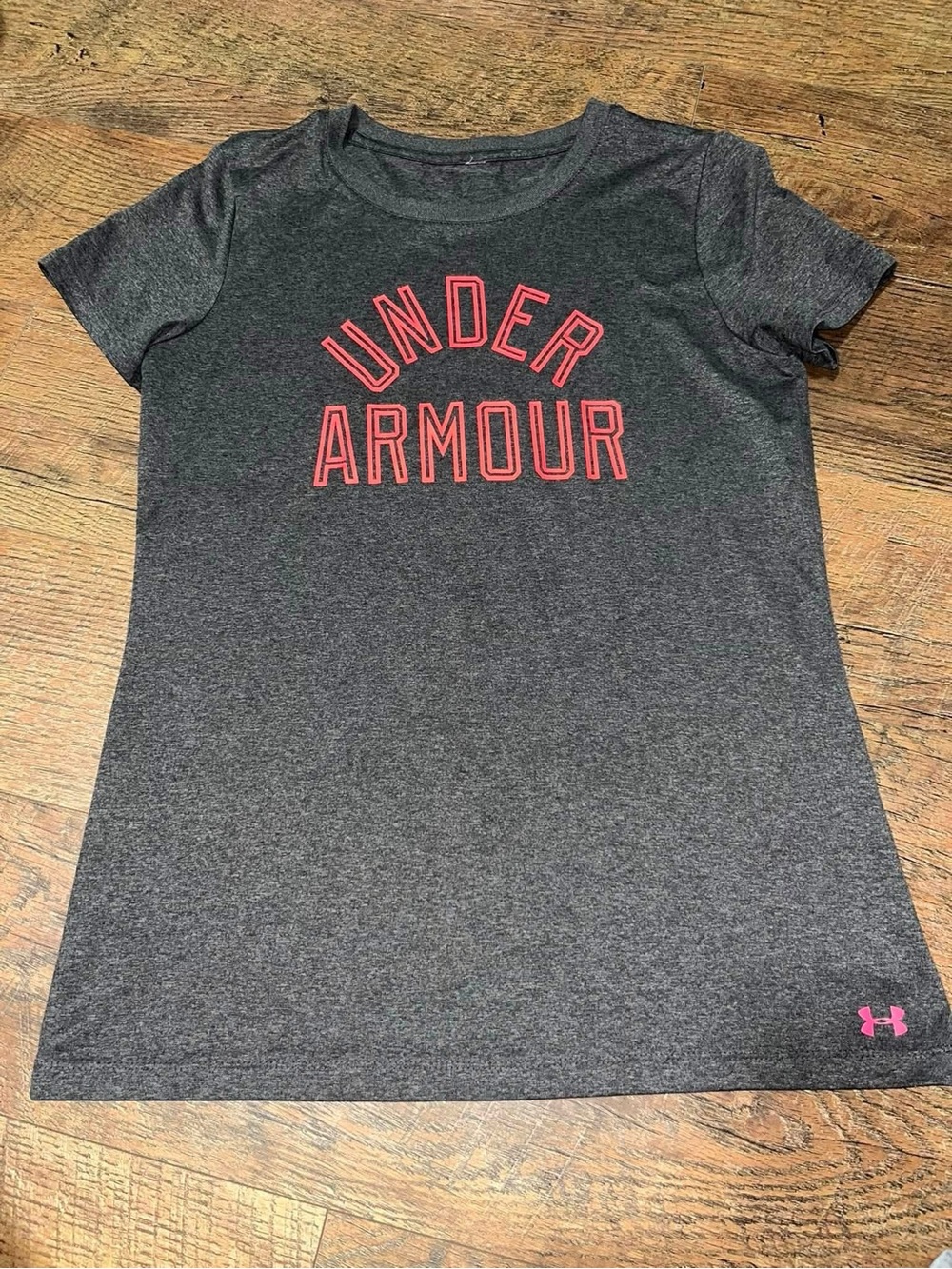 Under Armour Dark Gray Heather Tee with Pink Logo